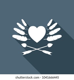 Uncolored icon of valentine&#39;s day with heart, feathers and arrows. White flat icon with long shadow on background