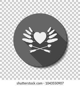 Uncolored icon of valentine&#39;s day with heart, feathers and arrows. White flat icon with long shadow in circle on transparent background