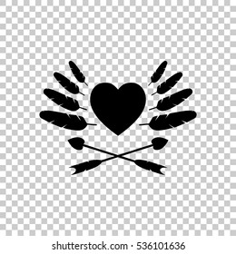 Uncolored icon of valentine&#39;s day with heart, feathers and arrows. Black icon on transparent background.