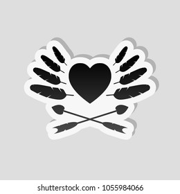 Uncolored icon of valentines day with heart, feathers and arrows. Sticker style with white border and simple shadow on gray background