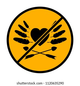 Uncolored icon of valentines day with heart, feathers and arrows. not allowed, black object in warning sign with orange background color
