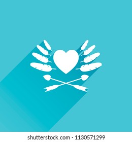 Uncolored icon of valentines day with heart, feathers and arrows. Gray icon with long shadow in bottom left corner on blue background