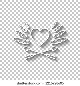 Uncolored icon of valentines day with heart, feathers and arrows. White outline sign with shadow on transparent background