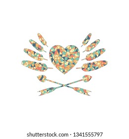Uncolored icon of valentines day with heart, feathers and arrows. Colored mosaic with polygons