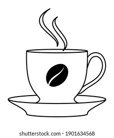 Uncolored line art illustration of cup and dish with hot drink. With coffee bean logotype on mug and steam coming out of it. Simple outline drawing logotype or icon design for cafe or restaurant. 
