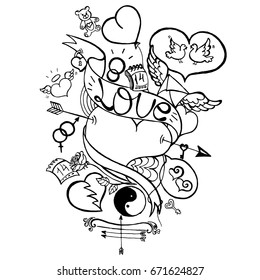 Uncolored Love Doodle, Happy Valentine's Day Illustration, Bow, Arrows, Hearts, Mars and Venus Symbol, Lock, Keys, Rose Flower, Letter with Wings, Two White Pigeons, Hand Drawn Vector EPS 10