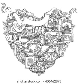 uncolored parfumes and ribbon for text. Adult coloring book famous zenart style. Hand-drawn, retro, doodle, vector, uncoloured. Black and white. The best for design, textiles, cards, coloring book