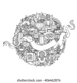 uncolored parfumes and ribbon for text. Adult coloring book famous zenart style. Hand-drawn, retro, doodle, vector, uncoloured. Black and white. The best for design, textiles, cards, coloring book