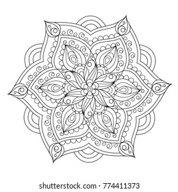 Uncolored Patterned Outline Mandala. Design Element Mandala for Page of Coloring Book. 