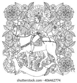 uncolored prince, flowers and ribbon for text. Adult coloring book famous zenart style. Hand-drawn, retro, doodle, vector, uncoloured. The best for design, textiles, cards, coloring book