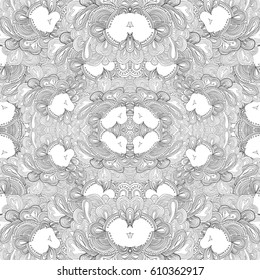 Uncolored repeating pattern with abstract lacy elements.