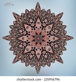 Uncolored round pattern - mandala on light blue background for special design