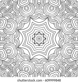 Uncolored symmetric tracery for colouring. Can be used as adult coloring book, coloring page, card, invitation. Sacred geometry