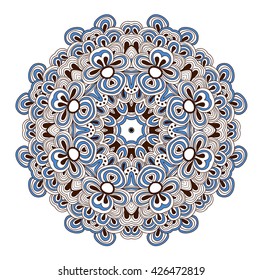Uncolored symmetric tracery indian flower with blue elements for colouring. Can be used as adult coloring book, coloring page, card, invitation. Sacred geometry