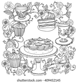 uncolored teapot, cake and cups  Adult coloring book famous zen art style. Hand-drawn, retro, doodle, vector, uncolored. Black and white. The best for design, textiles, cards, coloring book