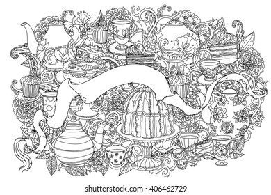 uncolored teapot, cake and ribbon for text. Adult coloring book famous zenart style. Hand-drawn, retro, doodle, vector, uncoloured. Black and white. The best for design, textiles, cards, coloring book