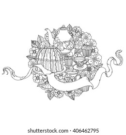 uncolored teapot, cake and ribbon for text. Adult coloring book famous zenart style. Hand-drawn, retro, doodle, vector, uncoloured. Black and white. The best for design, textiles, cards, coloring book