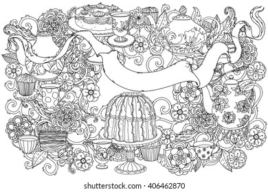 uncolored teapot, cake and ribbon for text. Adult coloring book famous zenart style. Hand-drawn, retro, doodle, vector, uncoloured. Black and white. The best for design, textiles, cards, coloring book