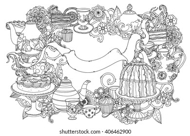 uncolored teapot, cake and ribbon for text. Adult coloring book famous zenart style. Hand-drawn, retro, doodle, vector, uncoloured. Black and white. The best for design, textiles, cards, coloring book