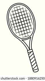 Uncolored Tennis racket line art illustration. Sports equipment icon isolated on white background. For coloring book or coloring page or use as logo design concept. Leisure hobby game and fitness