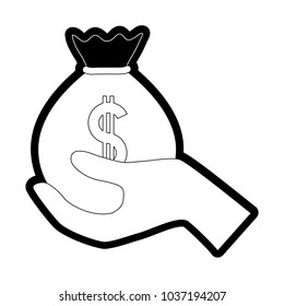 Uncolored thick line hand holding money bag over white background vector illustration