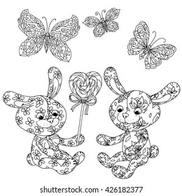 uncolored toy bunny and sweets with butterfly in coloring book style. Hand-drawn, doodle, vector the best for your design, t-shirt, cards, coloring book. Black and white for adult coloring book. 