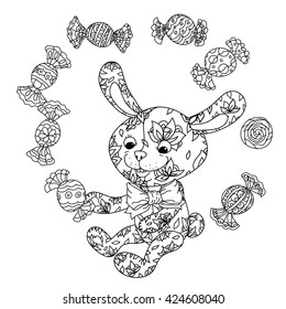 uncolored toy  and sweets in coloring book style. Hand-drawn, doodle, vector the best for your design, t-shirt, cards, coloring book. Black and white for adult colored book. 