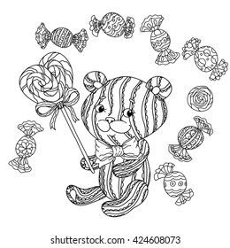 uncolored toy  and sweets in coloring book style. Hand-drawn, doodle, vector the best for your design, t-shirt, cards, coloring book. Black and white for adult colored book. 