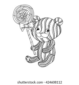 uncolored toy  and sweets in coloring book style. Hand-drawn, doodle, vector the best for your design, t-shirt, cards, coloring book. Black and white for adult colored book. 