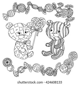 uncolored toy  and sweets in coloring book style. Hand-drawn, doodle, vector the best for your design, t-shirt, cards, coloring book. Black and white for adult colored book. 