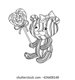 uncolored toy  and sweets in coloring book style. Hand-drawn, doodle, vector the best for your design, t-shirt, cards, coloring book. Black and white for adult colored book. 