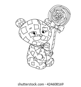 uncolored toy  and sweets in coloring book style. Hand-drawn, doodle, vector the best for your design, t-shirt, cards, coloring book. Black and white for adult colored book. 