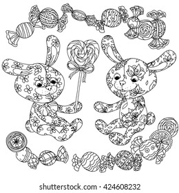 uncolored toy  and sweets in coloring book style. Hand-drawn, doodle, vector the best for your design, t-shirt, cards, coloring book. Black and white for adult colored book. 