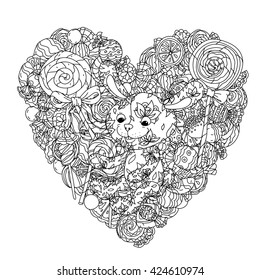 uncolored toy  and sweets in coloring book style. Hand-drawn, doodle, vector the best for your design, t-shirt, cards, coloring book. Black and white for adult colored book. 
