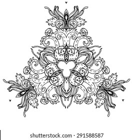 Uncolored triangle pattern. Laced element. Desaturated tracery. Can be used as adult coloring book, coloring page, t-shirt print.