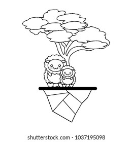 Uncolored umbrella pine tree, kawaii couple of sheep and earth piece sticker vector illustration