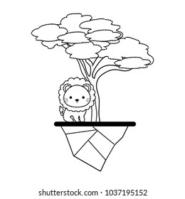 Uncolored umbrella pine tree, kawaii lion and earth piece sticker vector illustration