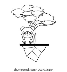 Uncolored umbrella pine tree, kawaii panda bear and earth piece sticker vector illustration