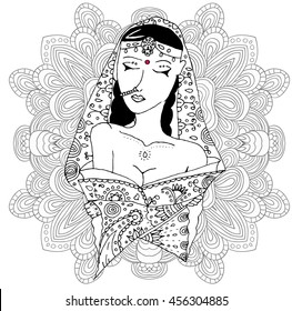 uncolored vector indian girl in doodle style. Can be used as adult coloring book, card, invitation.
