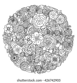 Uncoloured flowers and sweets for adult coloring book in famous zenart art therapy antistress style. Hand-drawn, retro, doodle, vector, mandala style, uncoloured for coloring book or poster design.