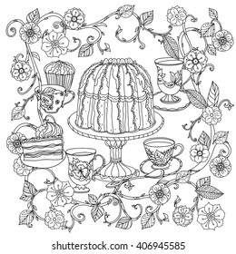 uncoloured Orient floral black and white ornament in adult coloring book style. With elements of time for tea, cups, teapot, cake and cupcakes. Could be use  for adult coloring book  in zenart style. 