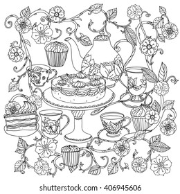 uncoloured Orient floral black and white ornament in adult coloring book style. With elements of time for tea, cups, teapot, cake and cupcakes. Could be use  for adult coloring book  in zenart style. 