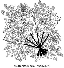 Uncoloured Oriental fan decorated with floral patterns for adult  coloring book.  Black and white. Uncolored Vector illustration. The best for your design, textiles, posters, adult coloring book