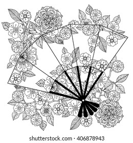 Uncoloured Oriental fan decorated with floral patterns for adult  coloring book.  Black and white. Uncolored Vector illustration. The best for your design, textiles, posters, adult coloring book