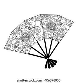 Uncoloured Oriental fan decorated with floral patterns for adult  coloring book.  Black and white. Uncolored Vector illustration. The best for your design, textiles, posters, adult coloring book