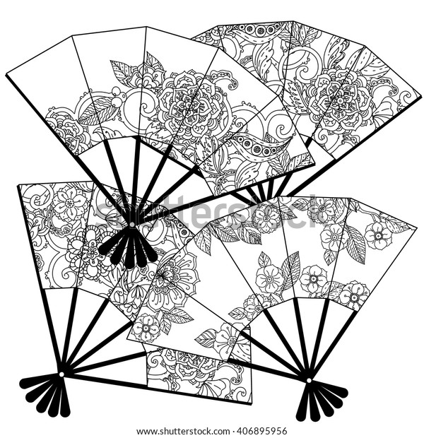 Uncoloured Oriental Fans Decorated Floral Patterns Stock Vector ...