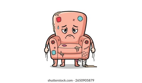 Desconfortável poltrona velha triste com manchas e lágrimas esperando descartar