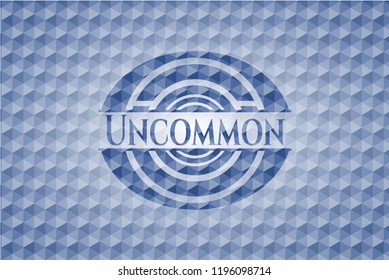 Uncommon blue badge with geometric pattern background.