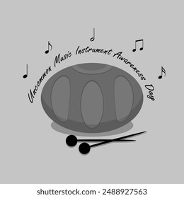 Uncommon Music Instrument Awareness Day event banner. Illustration of a steel pan drum musical instrument with its beater isolated on white background to celebrate on July 31st