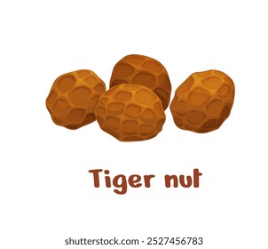 Nueces de tigre poco comunes o chufa, tubérculos ricos en nutrientes con un sabor dulce y a nuez, utilizados en refrigerios y bebidas, altos en fibra, grasas saludables y minerales esenciales, alimentos populares para la salud, nutrición natural